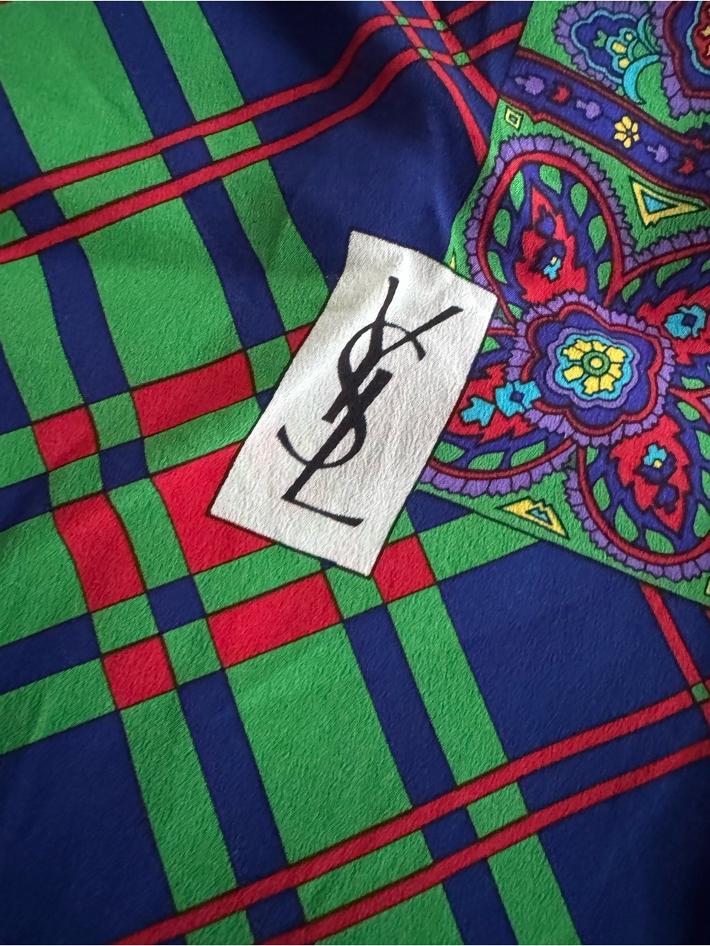 Vintage Yves Saint Laurent Blue & Green Paisley Print Scarf